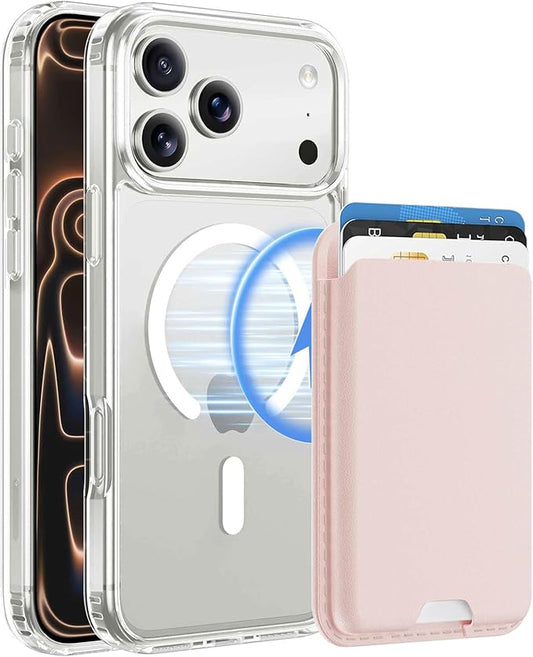 Magnetic for iPhone 17 Pro Max Clear Case with Pink Detachable Wallet, Compatible with MagSafe, Credit Card Holder with Slim Shockproof Protective Phone Cover