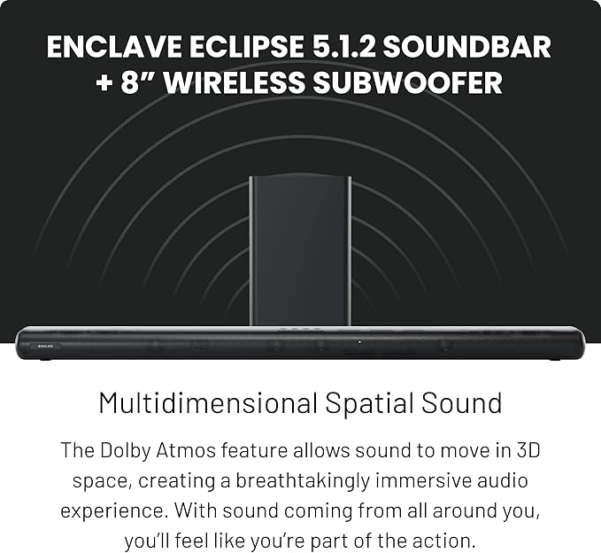 Enclave Eclipse 5.1.2 Dolby Atmos Soundbar with 8” Wireless Subwoofer - Includes 11 Custom Drivers & 8-Inch Subwoofer for Multidimensional Spatial Sound