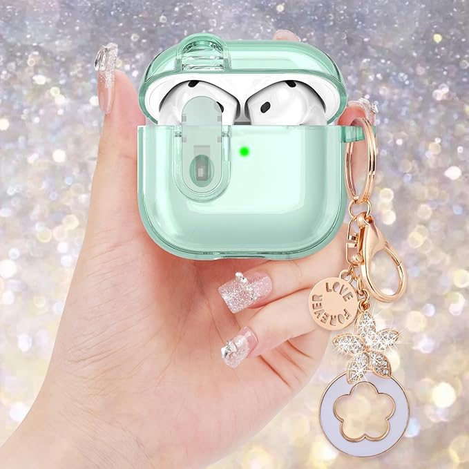 (with Safety Lock) Clear Case Compatible with Cute Apple Airpods 4 Cases 2024 Women, VISOOM Soft TPU Transparency Air pods 4 Gen Case iPods 4 Earbuds Case Girl Bling Keychain for Airpod iPod 4th Gen