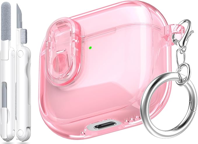 for AirPods 4th Generation Case Cover 2024, Military-Grade Shockproof, Soft TPU Highly Transparent Anti-Yellowing for AirPods 4 Case with Cleaning Kit & Cute Round Buckle, Crystal Pink