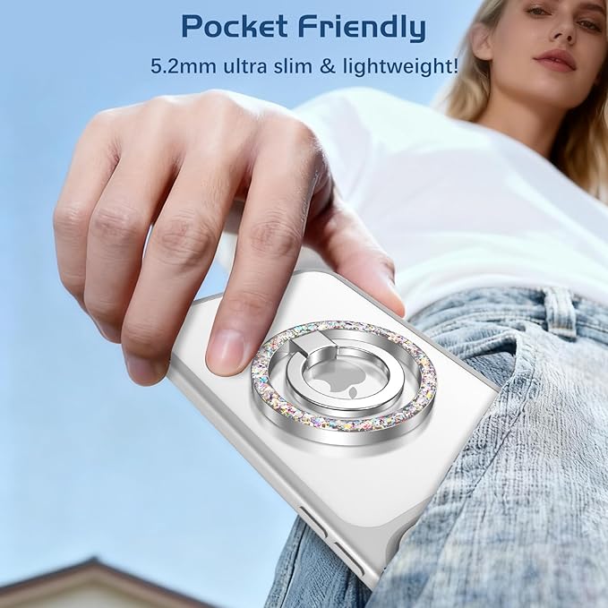 DOMAVER Magnetic Phone Ring Holder, Compatible with MagSafe Phone Grip Stand with 360° Rotation Finger Ring Kickstand for iPhone 17/16/15/14/13/12 Pro Max Plus Air/Other Phones - Silver Glitter