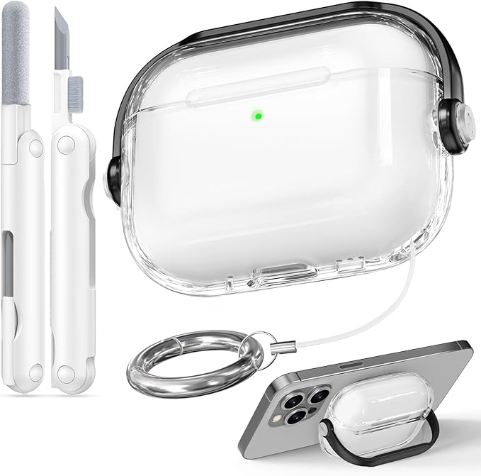 for Airpods Pro 3 Case,Safety Lock Cases for Apple Airpod Pro 3 (2025) with Phone Stand & Cleaner Kit,Drop Protection Air pods Pro3 Case Cover for Men Women with Keychain,Clear+Black