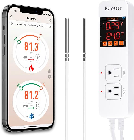 SmartLife/Tuya APP WiFi Temperature Controller with Dual Probes, Smart Digital Thermostat with Two Outlets for Reptile Heat Mat, Greenhouse Seedlings, Homebrew Fermentation, Cooling Fan