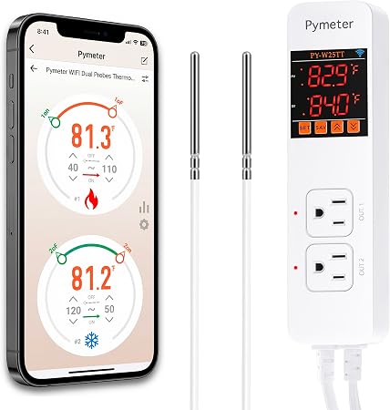SmartLife/Tuya APP WiFi Temperature Controller with Dual Probes, Smart Digital Thermostat with Two Outlets for Reptile Heat Mat, Greenhouse Seedlings, Homebrew Fermentation, Cooling Fan