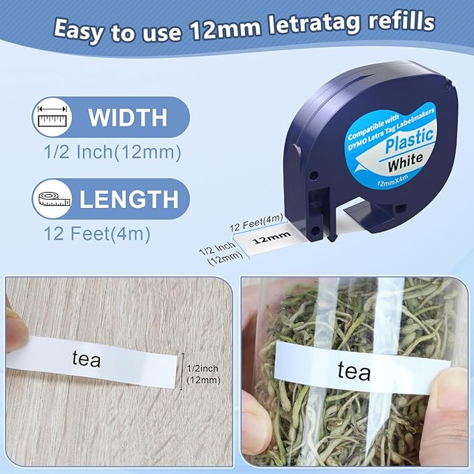 5 Pack Compatible with Dymo Letratag Refills 91201 91331 S0721660 Label Maker Tape White Plastic 12mm x 4m 1/2" x 13', Work with Dymo Letra Tag LT-100H LT-100T Plus 200B QX50 XR XM 2000