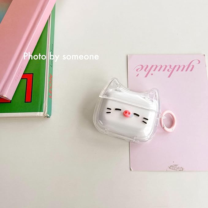 Transparent Clear Earphone Case for AirPods Pro, Cute Lovely Cat Face Soft TPU Silicone Case, Kitty Ear AirPods Pro 2 Cover Protective Skin Shockproof Protector for iPod Earbuds -Piggy