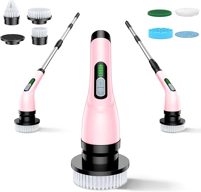 Electric Spin Scrubber - Cordless Bathroom Scrubber with 7 Brush Heads - Dual Speed IPX7 Waterproof Power Scrubber for Heavy-Duty Bathtub, Glass, Tile, and Car Cleaning (Pink)