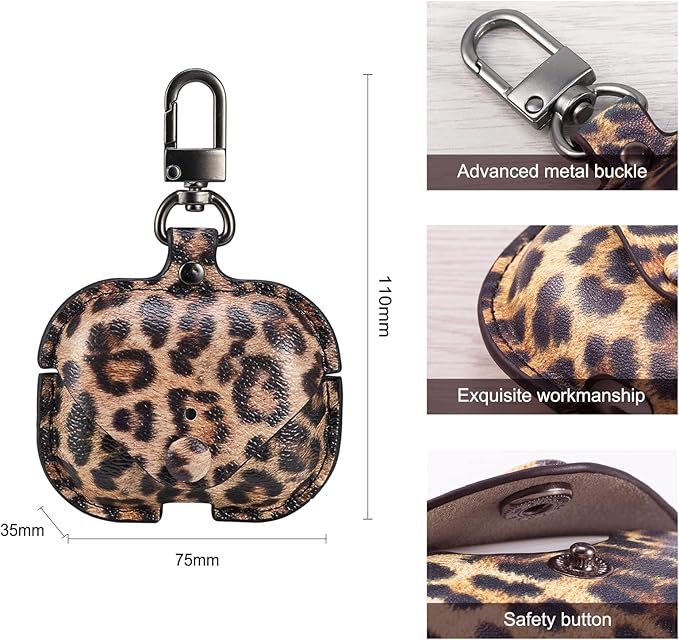 Genuine Leather Case Compatible with AirPods Pro Case 2nd/1st Gen (2023/2022/2019), VOMA Protective Cover for Apple AirPods Pro 2/Pro Wireless Charging Case with Keychain and Snap Lock Leopard