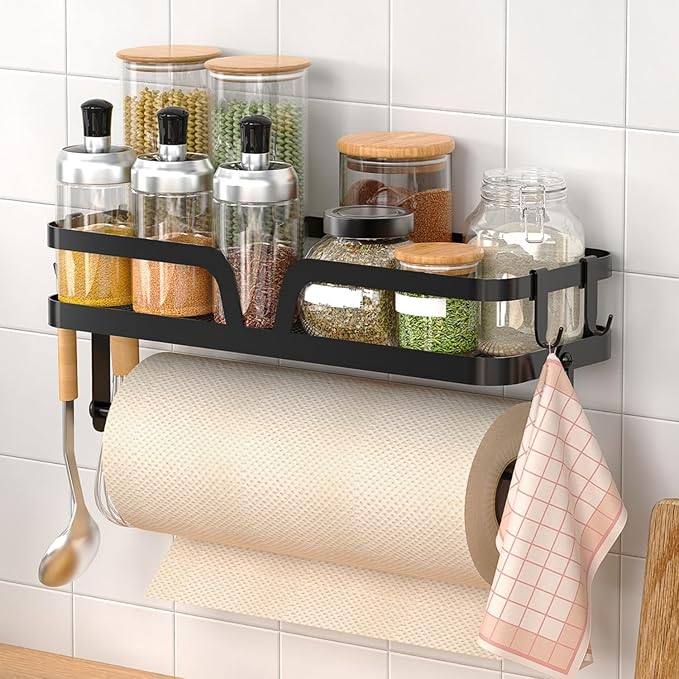 YIGII Wall Mounted Paper Towel Holder with Shelf, 2-in-1 Wall Mount Paper Towel Roll Holder, Adhesive Spice Rack with 4 Hooks for Kitchen, Garage and Tool Room, Black