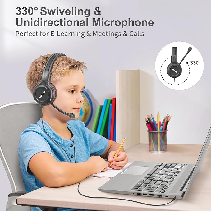SIMOLIO Headphones Wired Kids with Boom Microphone for School & Meeting & Gaming, 3 Levels Hearing Protection Headphones for Boys, Girls, Children, Teens, Foldable Durable Stereo Headsets for iPad, PC