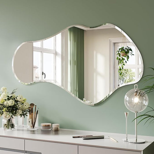 Irregular Wall Mirror, 24”x40” Frameless Asymmetrical Mirror, Beveled Frameless Funky Wavy Wall Mirrors for Entry Way Modern Bathroom Bedroom Living Room