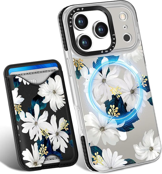 Toycamp for iPhone 17 Pro Max Case - Compatible with Magsafe Credit Card Holder Wallet Magnetic Cute Women Teen Girls Kawaii Girly Unique White Flower Design Phone Cover for Apple 17 Promax