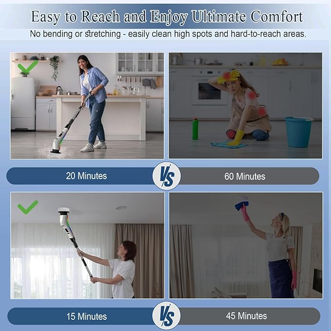 Electric Spin Scrubber Cordless,Lucklights Cleaning Brush Power Shower 7 Brush Heads 3 Speeds 120Mins Work Time Adjustable Extension Arm for Bathroom Tub Kitchen Floor Car