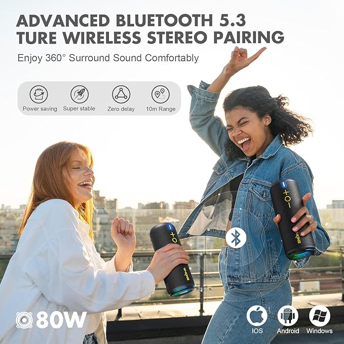 W-KING D320 40W Bluetooth Speaker, IPX7 Waterproof Portable Speaker with Dual Voice Coil, Customized EQ APP, 360 Sound, Party Lights, V5.3, TF/AUX, Black