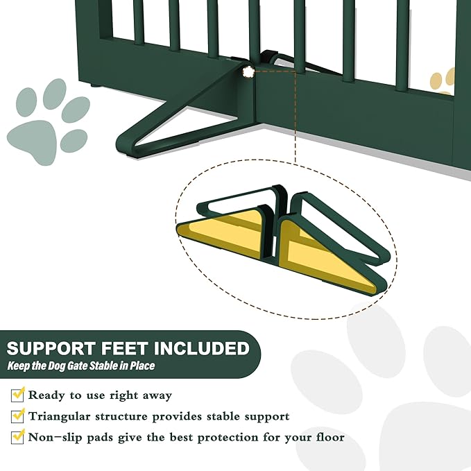 Freestanding Pet Gate for Dogs, Foldable Wooden Dog Gate for House Indoor, Step Over Pet Puppy Safety Fence for Stair, Doorway,Hall, Support Feet Included,3 Panels 32",Green
