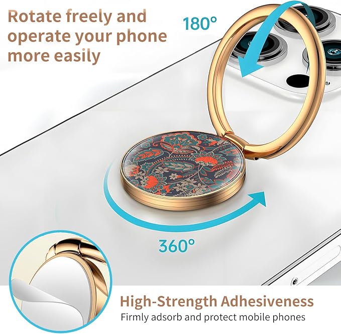 Cell Phone Ring Holder, Cute Metal Phone Grip Stand Finger Ring Kickstand, Flexible 360°Rotation Phone Tablet Case Accessories Compatible with Most Phones Green Paisley Flowers