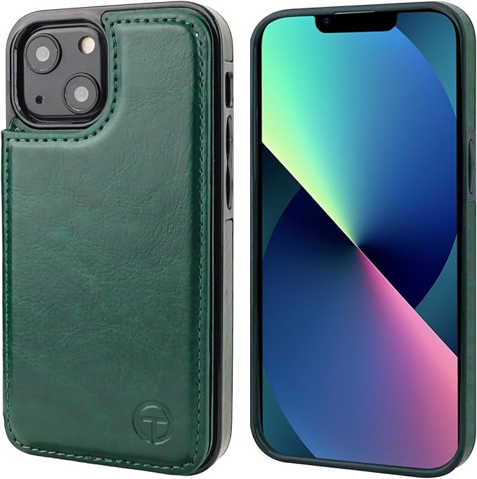 ONETOP Compatible with Magsafe for iPhone 13 Mini Wallet Case with Card Holder, PU Leather Kickstand RFID Blocking Case, Double Magnetic Clasp and Durable Shockproof Cover 5.4 Inch (Green)