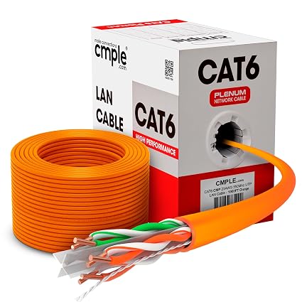 Cmple Cat6 Ethernet Cable 1000ft Plenum CMP 23AWG 550MHz UTP Solid 10Gbps PoE in-Wall Rated Bulk LAN Network Cable DSX-8000 Tested Pull Box - Orange