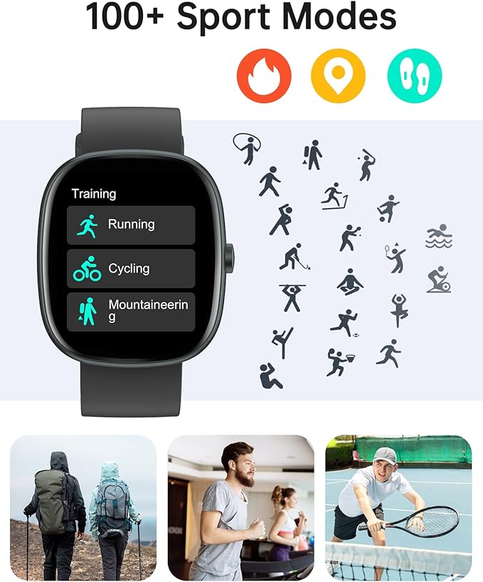 HUAKUA Smart Watches for Women Men Compatible with iPhone/Android Phones Answer/Make Calls, 1,85" HD Fitness Tracker with Heart Rate/Sleep Monitor Pedometer for Walking Running, Waterproof, Black