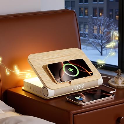 Vivilumens Alarm Clocks Bluetooth Speaker Dual Charging Wireless Bedside Lamp Night Light for Adults Teens with Book Shape Sunrise Wake Up Light for Bedroom Home Decor Gifts for Father（Wooden Grain）
