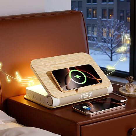Vivilumens Alarm Clocks Bluetooth Speaker Dual Charging Wireless Bedside Lamp Night Light for Adults Teens with Book Shape Sunrise Wake Up Light for Bedroom Home Decor Gifts for Father（Wooden Grain）