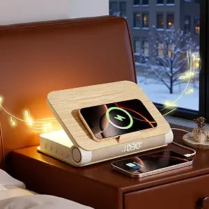 Vivilumens Alarm Clocks Bluetooth Speaker Dual Charging Wireless Bedside Lamp Night Light for Adults Teens with Book Shape Sunrise Wake Up Light for Bedroom Home Decor Gifts for Father（Wooden Grain）