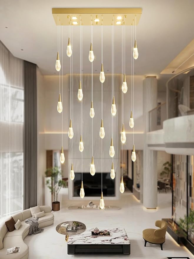 Rectangular Chandelier 24-Lights LED Dimmable Raindrop Chandeliers for High Ceiling Large Chandelier Light Fixture Gold High Ceiling Pendant Lights for Villa Living Room Staircase
