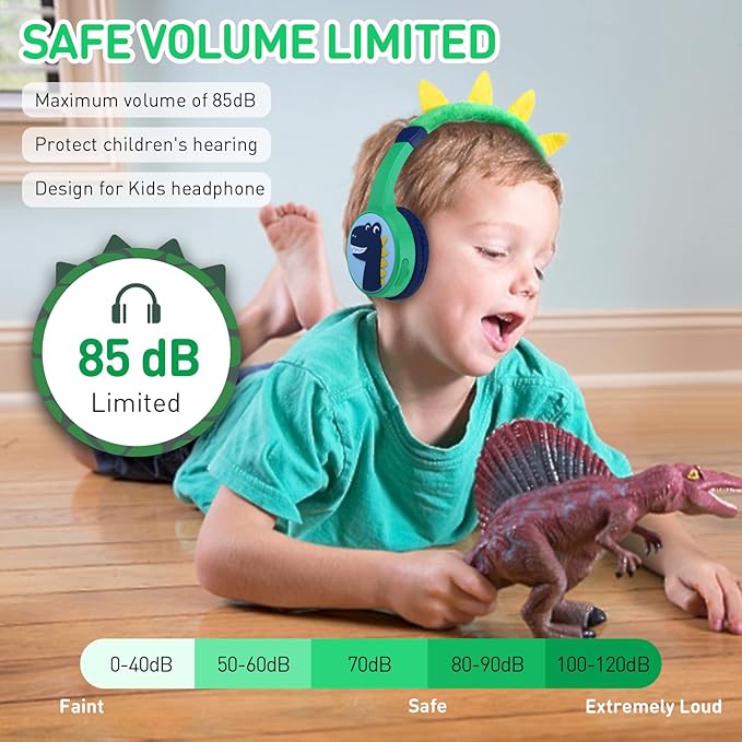 Dinosaur Wireless Headphones for Kids, Bluetooth Kids Headphones with Safe Volume 85dB, 3.5mm Wired Cable, Toddlers Boys Headset for iPad Tablet Home Travel