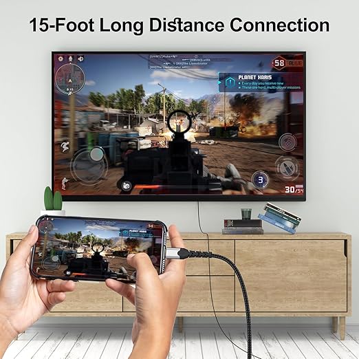 USB C to HDMI Cable 15 ft Long, 4K@30Hz 1080P@120Hz One-Direction Type C to HDMI Cord for MacBook iPad Pro/Air, iPhone 17/16/15, Galaxy S25/S24/S23 Android Phone to TV, Projector, Monitor