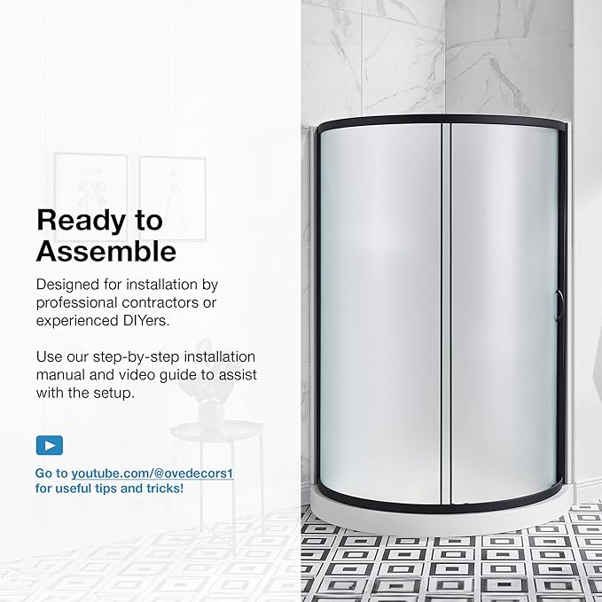 OVE Decors Breeze 36 in. Corner Shower Frosted Sliding Door with Base in Black Finish
