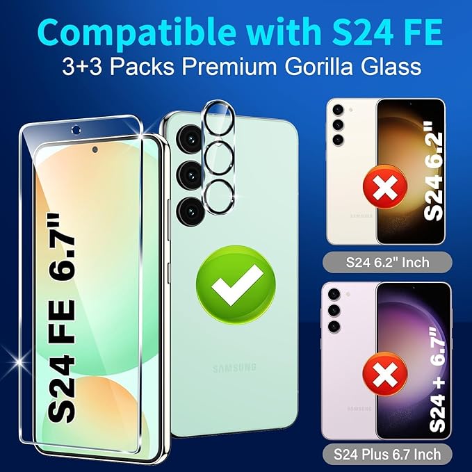 3 Pack for Samsung Galaxy S24 FE Screen Protector Tempered Glass + 3 Pack Camera Lens Protector, Military Grade Shatterproof, 9H Hardness, Fingerprint Unlock, Case Friendly 6.7 Inch