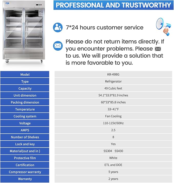 49Cu.Ft Commercial Refrigerator Merchandiser, 54" Display Refrigerator with 2 Glass Doors, Upright Fridge Stainless Steel Cooler with LED Lighting for Restaurant Kitchen
