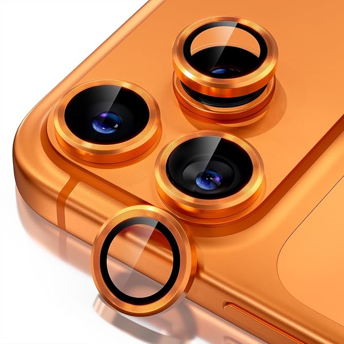 Misea Compatible for iPhone 17 Pro/iPhone 17 Pro Max Camera Lens Protector, Ultra-HD Tempered Glass Camera Cover Screen Protector Metal Individual Ring Protector Decoration Accessories, Orange