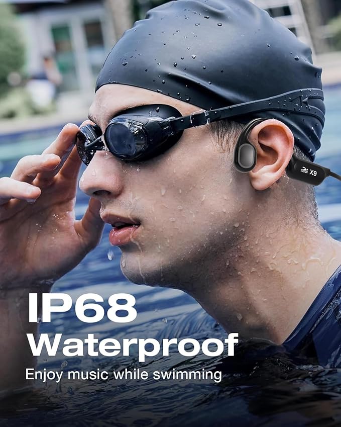 Swimming Headphones - Bone Conduction Bluetooth 6.0 Open Ear Sports Headset, IP68 Waterproof Built-in MP3 Player 32G Memory, for Running, Cycling (Black)