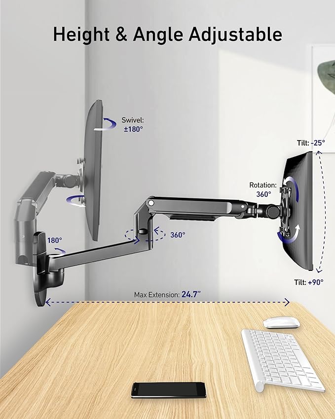 Monitor Wall Mount for Flat or Curved Screens up to 38" Within 25 lbs, Full Motion Adjustable Monitor Arm Wall Mount with Cable Management, VESA 75x75/100x100mm, Black