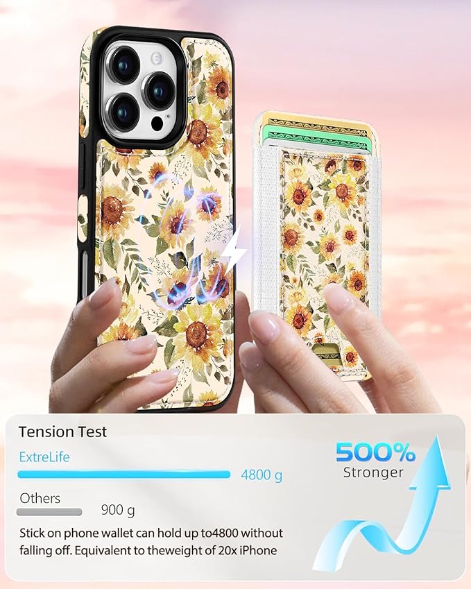 Shorogyt for iPhone 16 Pro Max Case Wallet - Fits 5 Cards, Compatible with Magsafe Detachable Magnetic Credit Card Holder Leather Cardholder Cute Phone Cover Women Girls for Apple 16 ProMax, Sunflower