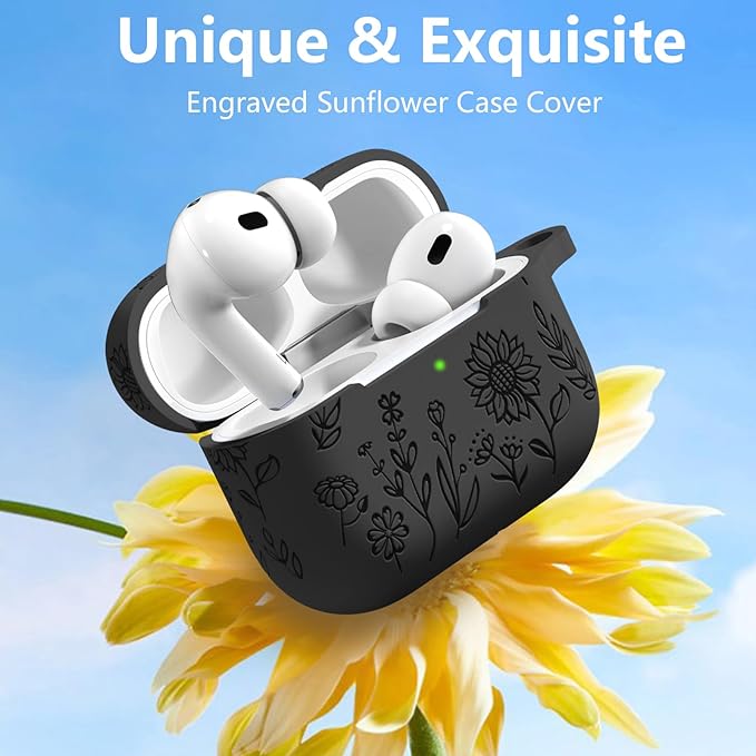 Hamile for AirPods Pro 2nd Generation Case with Cleaner Kit & Keychain, Flower Engraved Soft Silicone Protective AirPods Pro Case Cover for Apple AirPods Pro Case 2nd/1st Gen,Front LED Visible,Black
