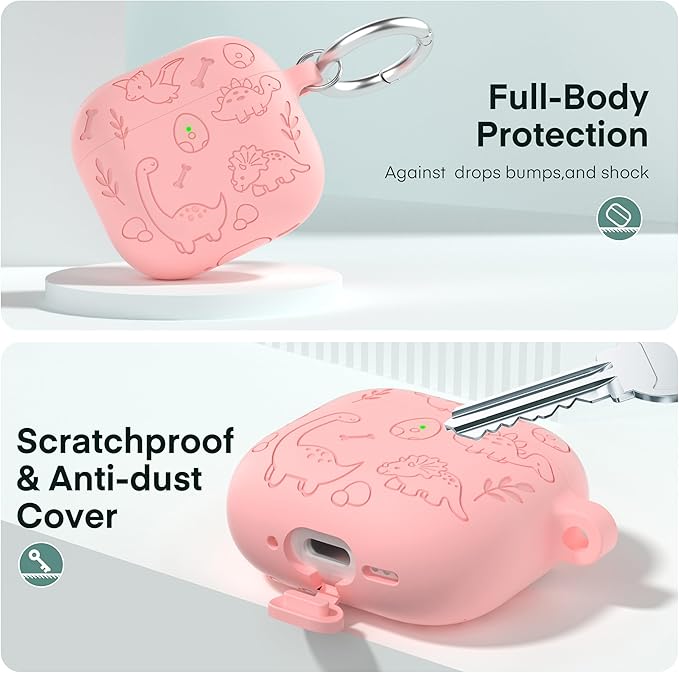 Maxjoy for AirPods 4 Case, Engraved Silicone Cute AirPod 4 Case for Women Men Protective iPod 4 Cover with Keychain Cleaning Kit for AirPod 4th Generation Cover 2024, Dinosaur Pink