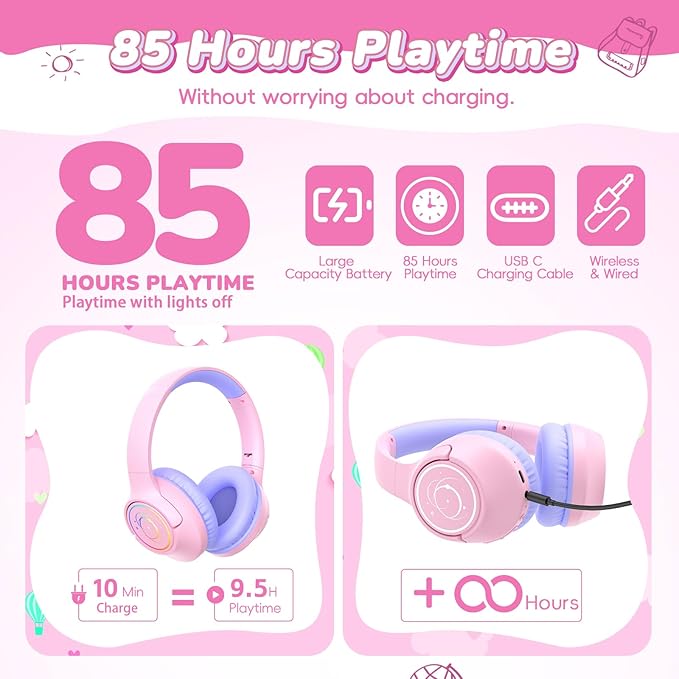 Kids Bluetooth Headphones, 85H Playtime Wireless Headphones for Kids, Colorful LED Lights, 85/94dB Safe Volume Limit, Bluetooth 5.4 Built-in Mic Toddler Headset for Tablet/Airplane/Travel (Pink)