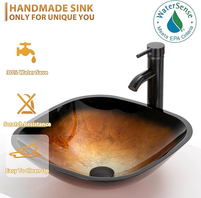 eclife 24" Modern Bathroom Vanity Sink Combo Freestanding Cabinet with Soft Closing Door, Brown Square Glass Vessel Sink, Water Save Faucet, Drain (Gray+A48)