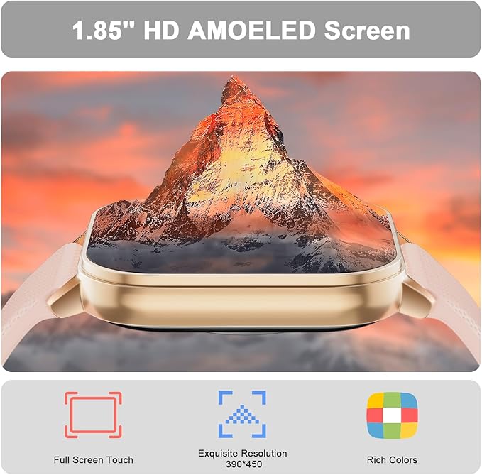 Smart Watch for Men Women, 1.85'' AMOLED HD Fitness Watch with 120+ Sports Modes, Bluetooth Call/Heart Rate/Sleep Monitor/Pedometer, Smartwatch for Android iOS, IP68 Waterproof, Gold