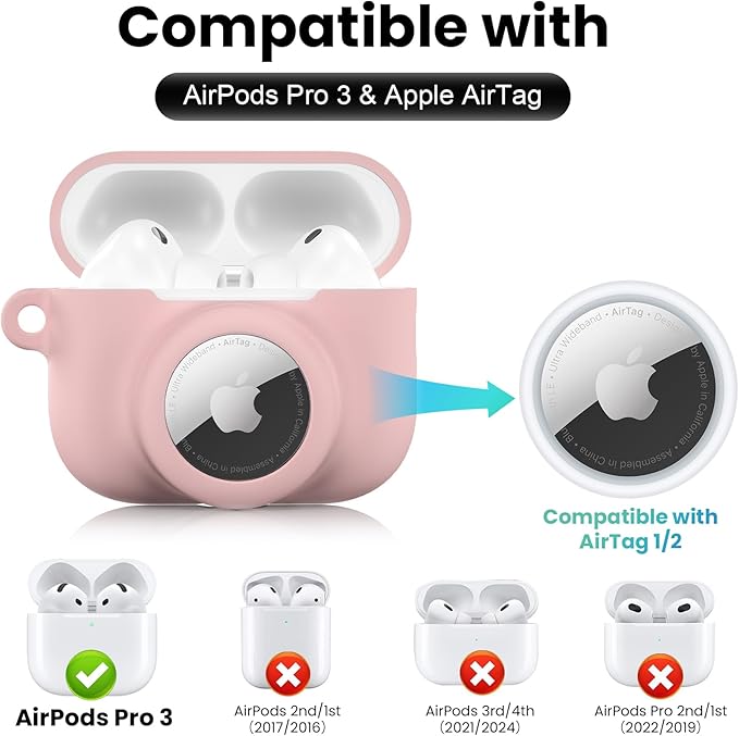 2 in 1 Silicone Case Compatible with AirPods Pro 3 and AirTag 2/1, Shockproof Protective Case Cover for AirPods Pro 3rd Generation 2025 with Cleaner Kit & Carabiner (Pink)