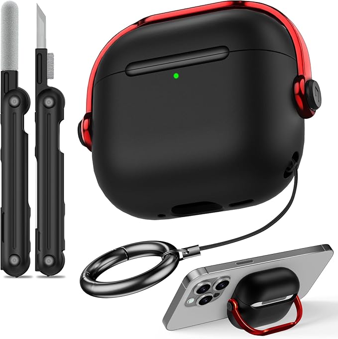 for Airpods 4 Case Cover,Compatible with Airpod Case 4th Generation,Have Phone Holder Function with Lock Protective Hard Shell,with Cleaner Kitand Keychain,for Men Woman (Black Red)