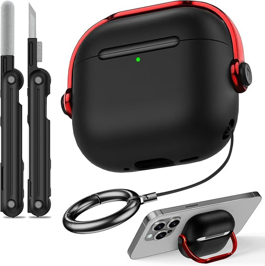 for Airpods 4 Case Cover,Compatible with Airpod Case 4th Generation,Have Phone Holder Function with Lock Protective Hard Shell,with Cleaner Kitand Keychain,for Men Woman (Black Red)