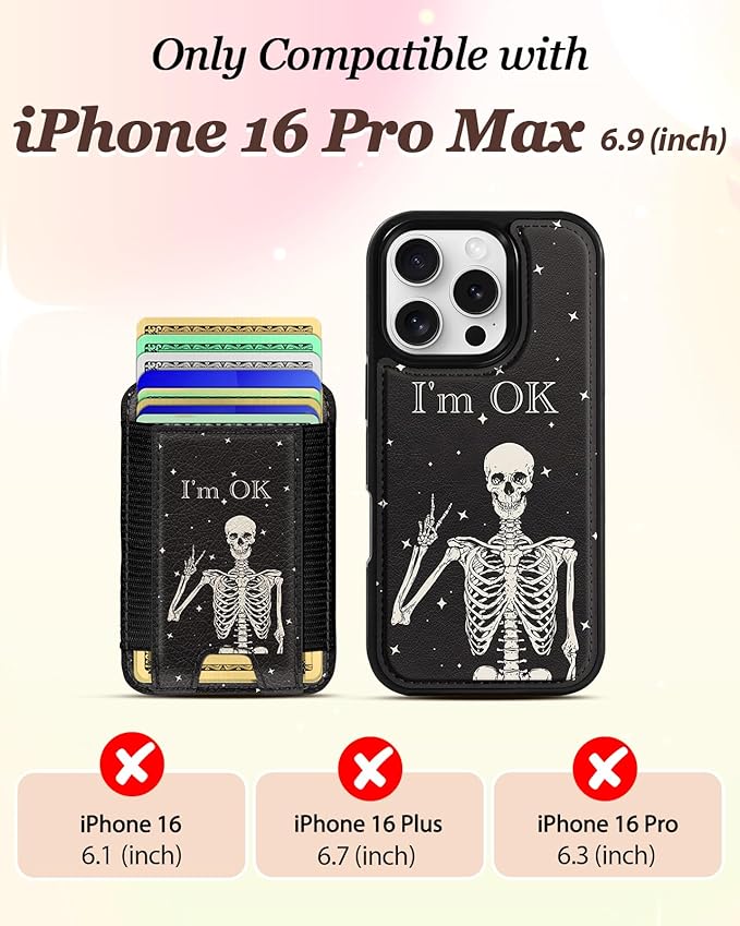 Shorogyt for iPhone 16 Pro Max Case Wallet - Fits 5 Cards, Compatible with Magsafe Magnetic Credit Card Holder Leather Cardholder Cute Phone Cover Women Girls for Apple 16 ProMax, OK Skeleton