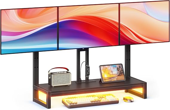 YAOHUOO Monitor Arm with LED,Adjustable Desk Monitor Mount for 3 Screens, Heavy Duty Fully Stand Riser with Clamp, Storage Shelf for Office,Living Room