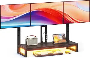 YAOHUOO Monitor Arm with LED,Adjustable Desk Monitor Mount for 3 Screens, Heavy Duty Fully Stand Riser with Clamp, Storage Shelf for Office,Living Room
