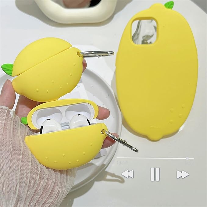 Case Compatible with Airpods Pro/Pro2, Cute Summer Fresh Lemon Design Keychain Case Cover, Portable Earbuds Accessories Soft Silicone Shockproof Wireless Earphone Protector with Hook Yellow