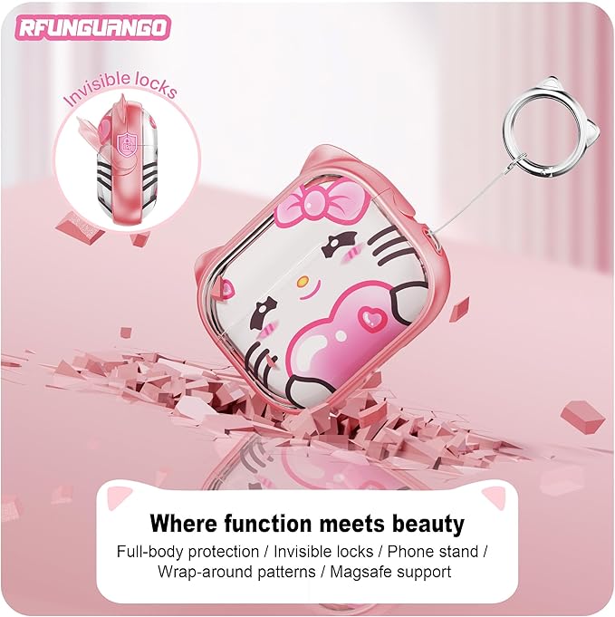 RFUNGUANGO is Compatible with AirPods Pro 3 Protective case, with Mobile Phone Holder Function, Multiple Colors Available, Suitable for AirPods Pro 3 Protective case,Pink + Cute