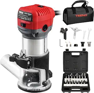 TEENO Wood Router, 6.5 Amp 1.25 HP Compact Router Tools for Woodworking, 13000-33000 RPM Hand Trim Router with 15pcs 1/4" Bits Set, 6 Variable Speeds, Edge Guide, Roller Guide - Image 1